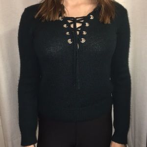 Cropped green lace up sweater